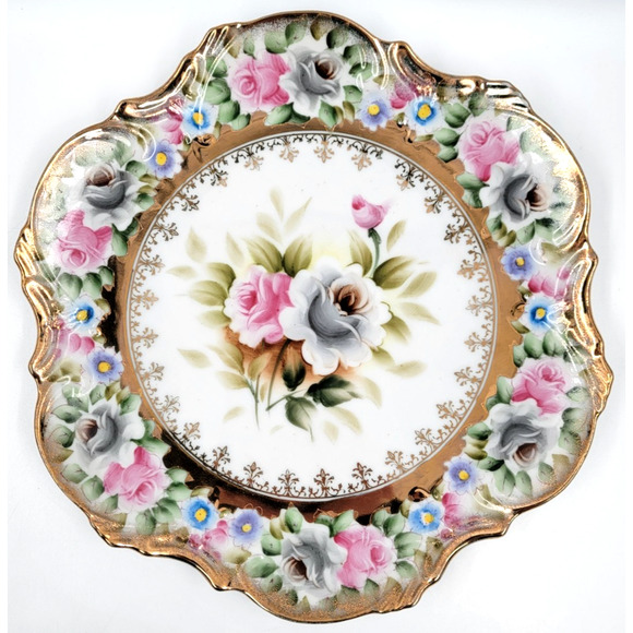 Two Ardalt Japan Hand Painted Floral Plates Pink White Roses Gold Trim 1950s - Picture 5 of 9